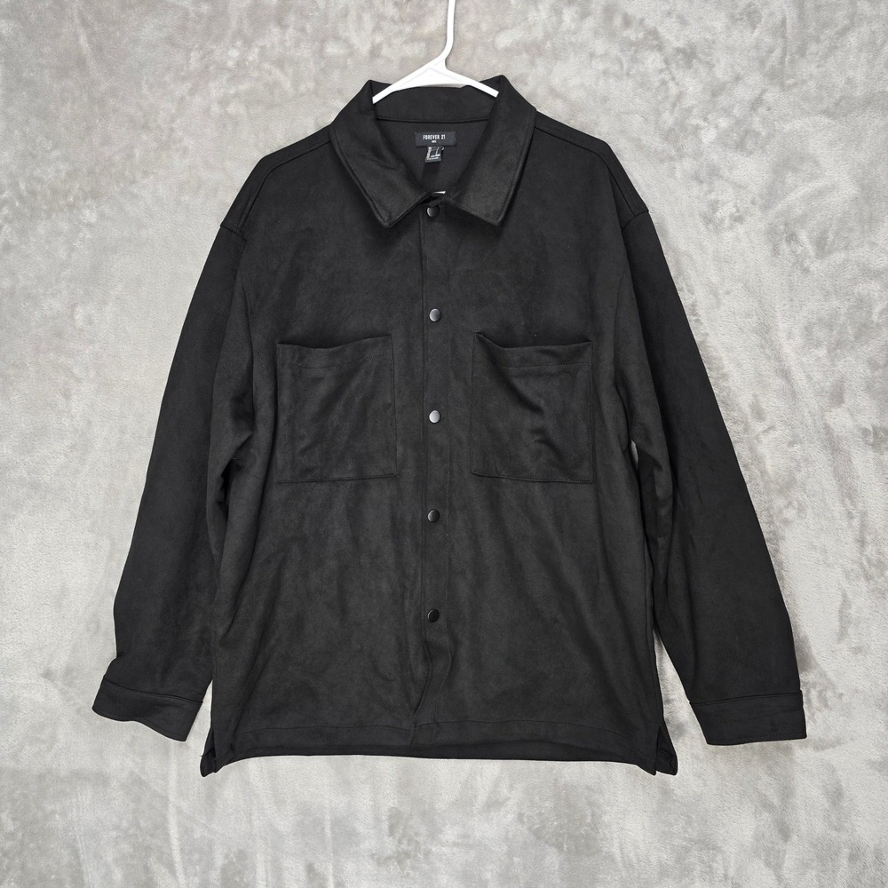 Forever 21 Mens Large Black Faux Suede Shacket Shirt Jacket Casual‎ Streetwear